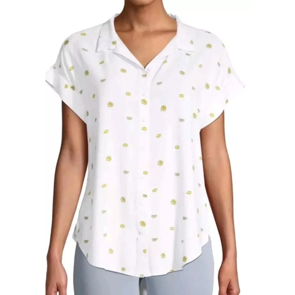 NWT Per Se Lemons Print Button Down Shirt Women Size L White Cuffed Cap Sleeve